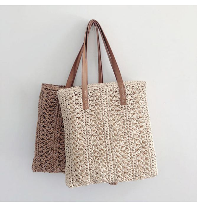 Tall Rectangular Straw Tote with Brown Shoulder Handles