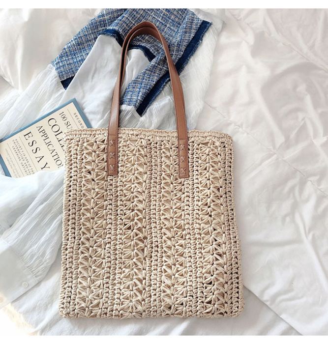 Tall Rectangular Straw Tote with Brown Shoulder Handles
