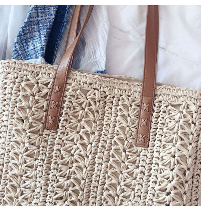 Tall Rectangular Straw Tote with Brown Shoulder Handles