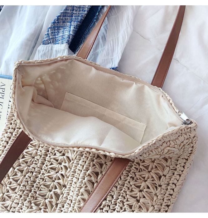 Tall Rectangular Straw Tote with Brown Shoulder Handles