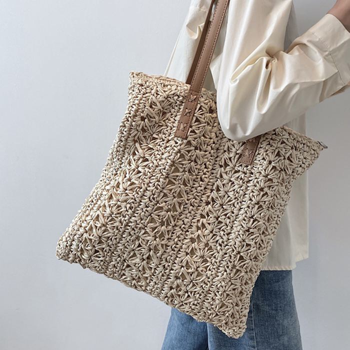 Tall Rectangular Straw Tote with Brown Shoulder Handles