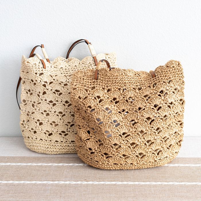 Floral Openwork Straw Shoulder Tote