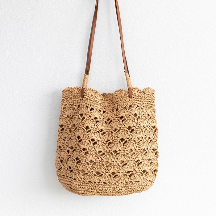 Floral Openwork Straw Shoulder Tote