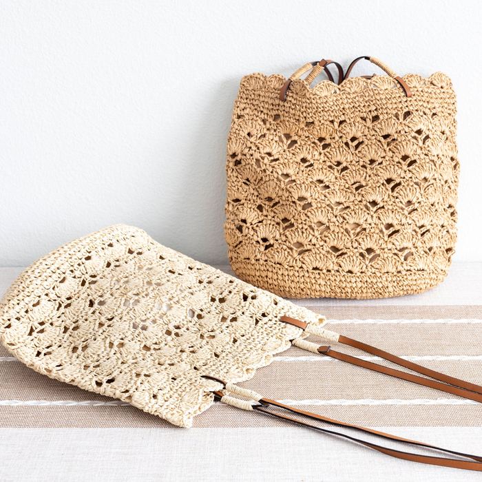 Floral Openwork Straw Shoulder Tote