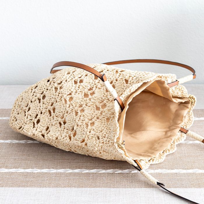 Floral Openwork Straw Shoulder Tote