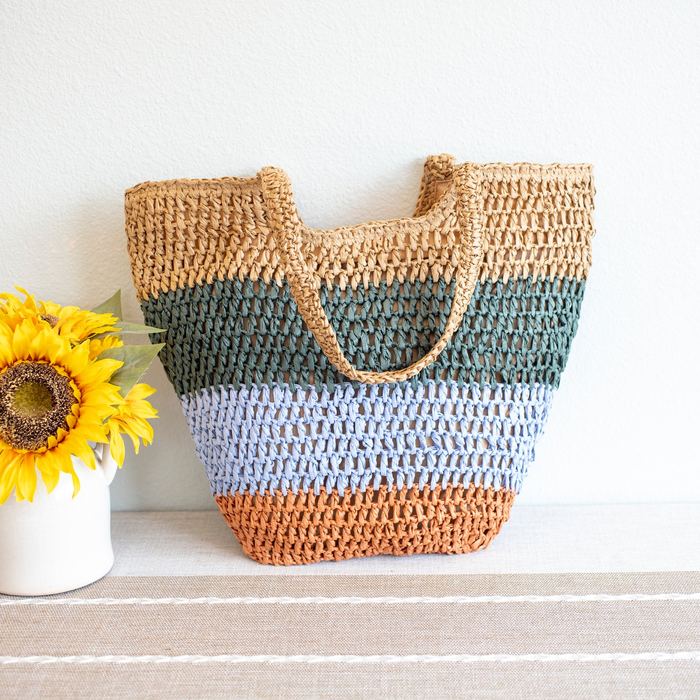 Color-Block Straw Shoulder Tote with Tapered Shape