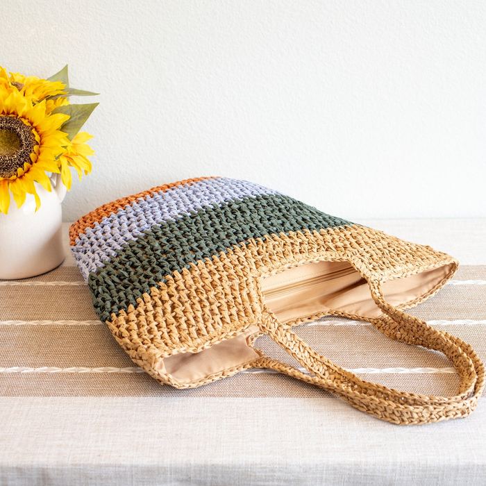 Color-Block Straw Shoulder Tote with Tapered Shape
