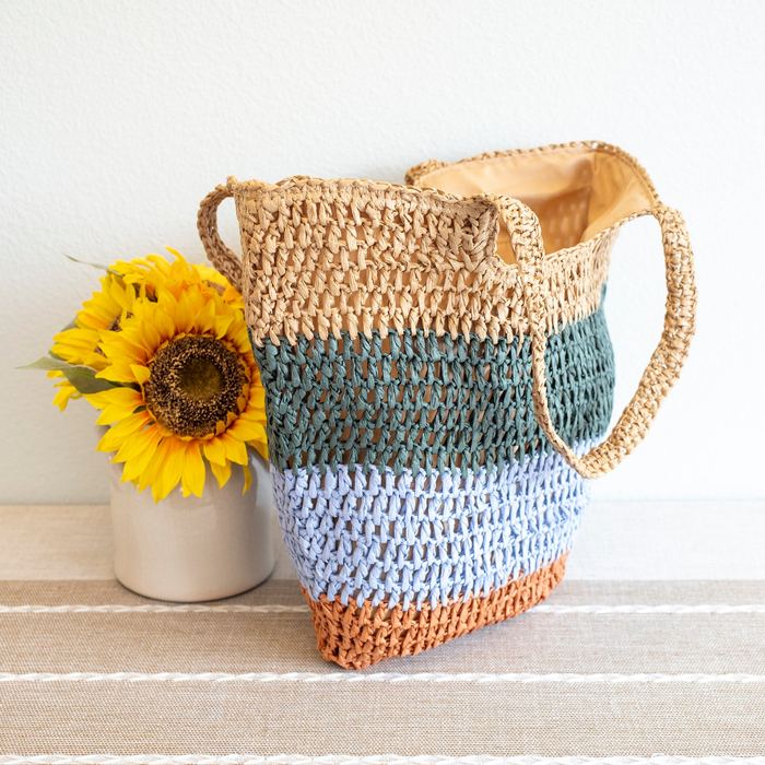 Color-Block Straw Shoulder Tote with Tapered Shape
