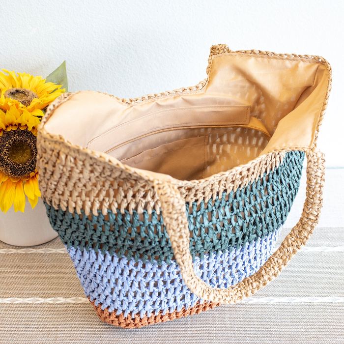 Color-Block Straw Shoulder Tote with Tapered Shape