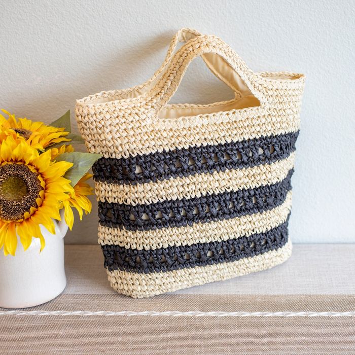 Striped Woven Straw Tote with Triangular Top Handles