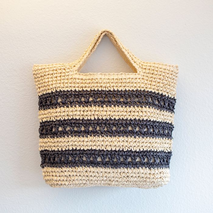 Striped Woven Straw Tote with Triangular Top Handles