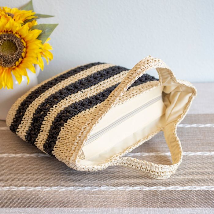 Striped Woven Straw Tote with Triangular Top Handles