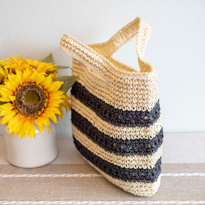 Striped Woven Straw Tote with Triangular Top Handles