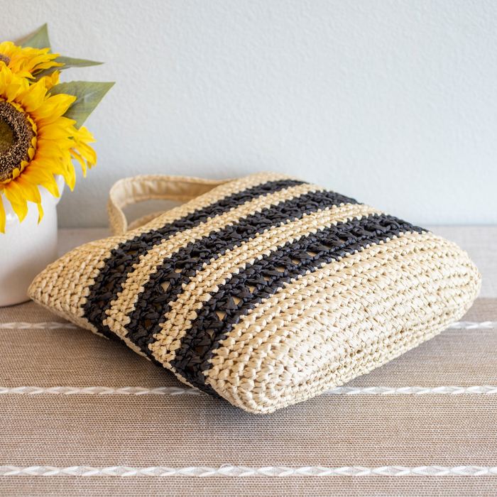 Striped Woven Straw Tote with Triangular Top Handles