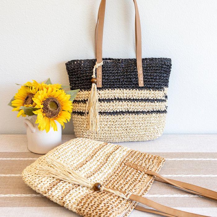 Striped Straw Shoulder Tote with Tassel Detail