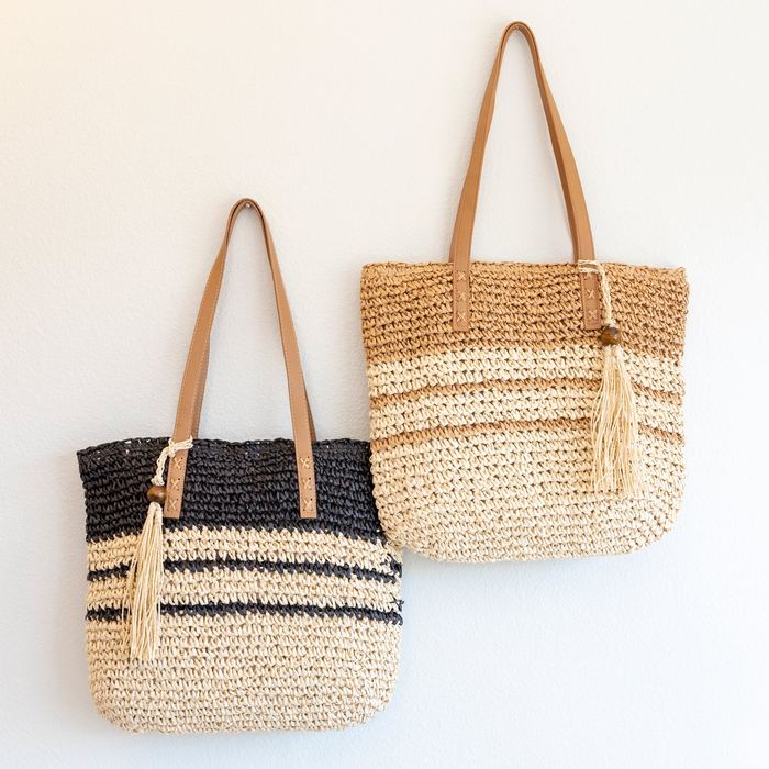 Striped Straw Shoulder Tote with Tassel Detail