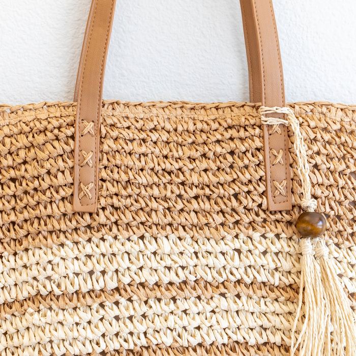 Striped Straw Shoulder Tote with Tassel Detail