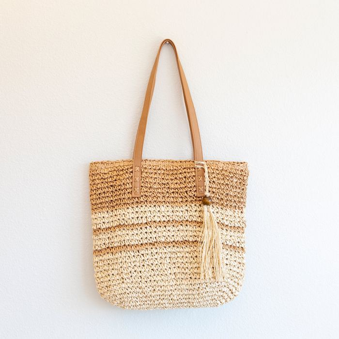 Striped Straw Shoulder Tote with Tassel Detail