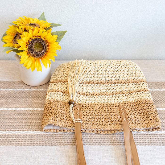 Striped Straw Shoulder Tote with Tassel Detail