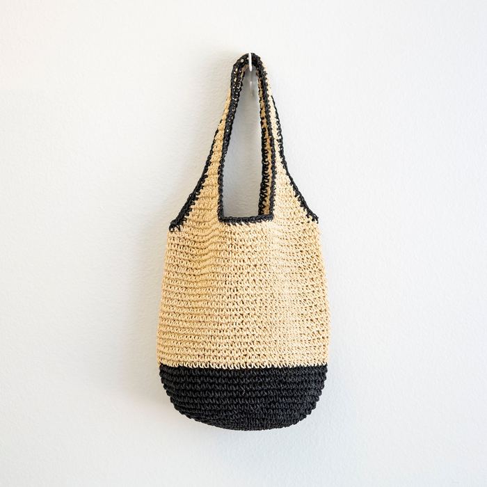 Black and Natural Woven Straw Shoulder Tote