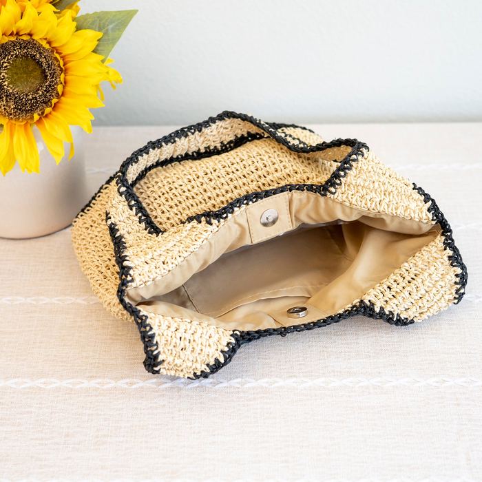 Black and Natural Woven Straw Shoulder Tote