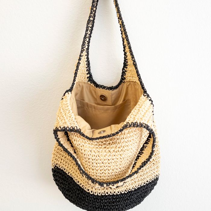 Black and Natural Woven Straw Shoulder Tote