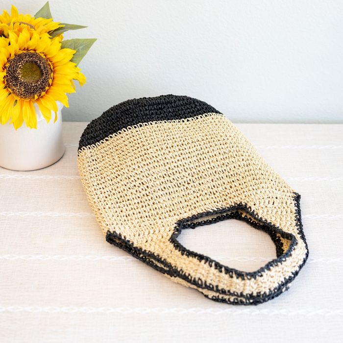 Black and Natural Woven Straw Shoulder Tote