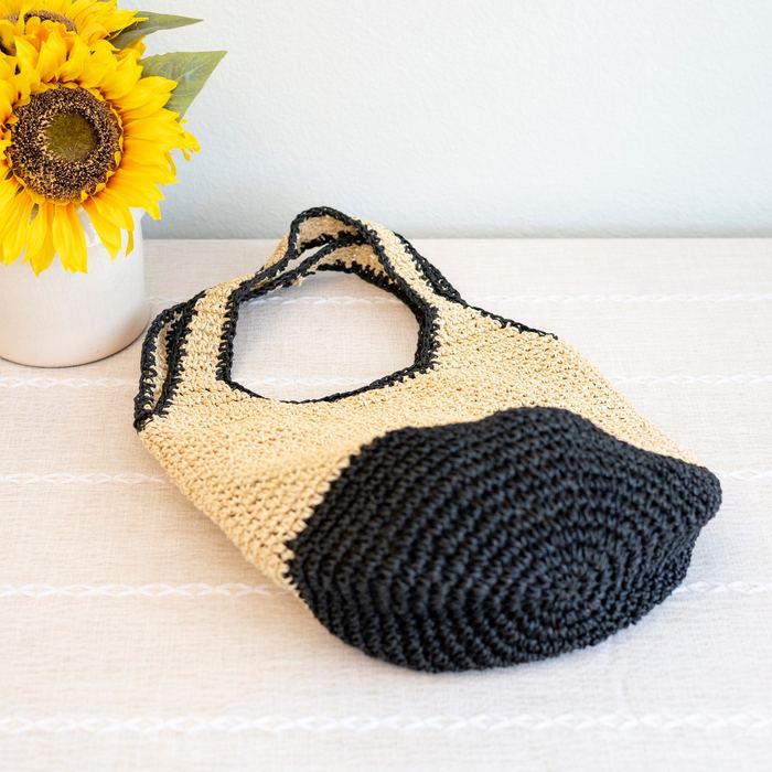 Black and Natural Woven Straw Shoulder Tote