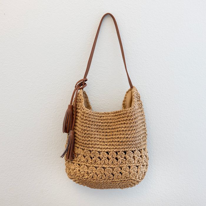 Straw Shoulder Bag with Openwork Lower Panel and Side Tassels