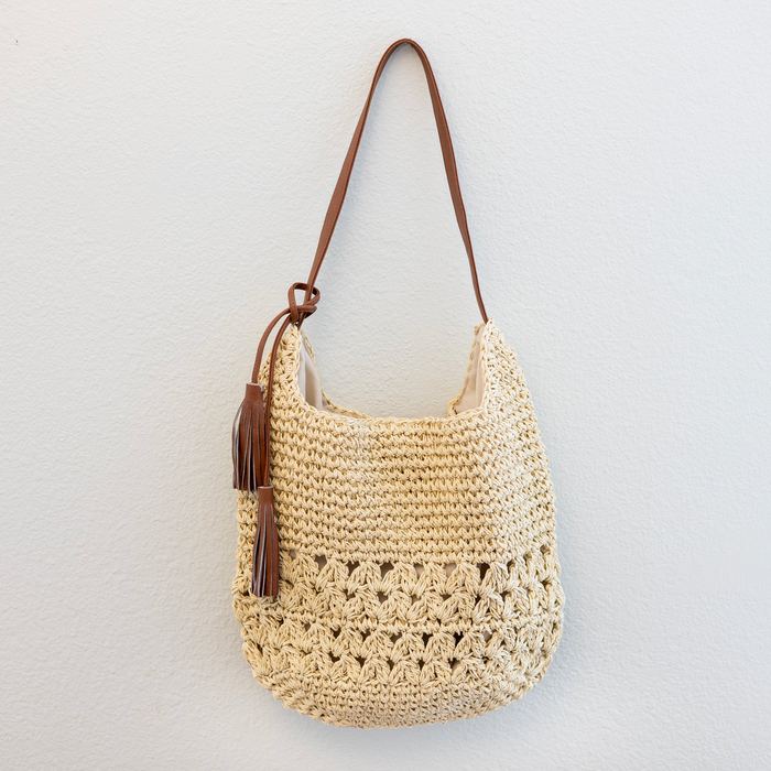 Straw Shoulder Bag with Openwork Lower Panel and Side Tassels