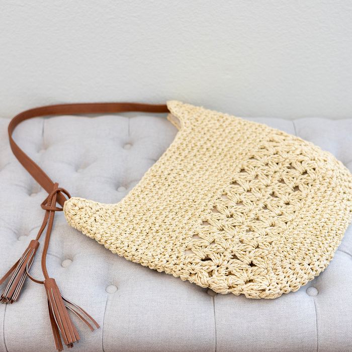 Straw Shoulder Bag with Openwork Lower Panel and Side Tassels