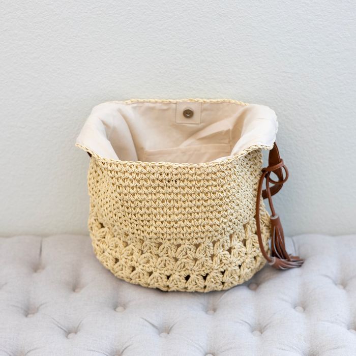 Straw Shoulder Bag with Openwork Lower Panel and Side Tassels