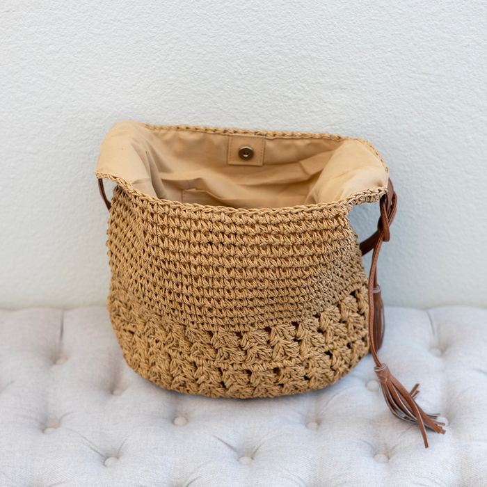Straw Shoulder Bag with Openwork Lower Panel and Side Tassels