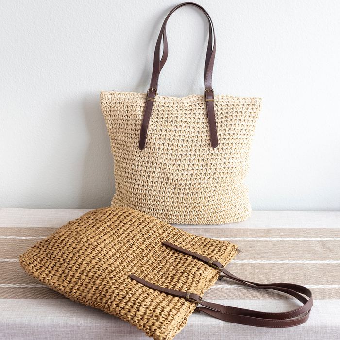 Tall Woven Straw Shoulder Tote with Dark Handles