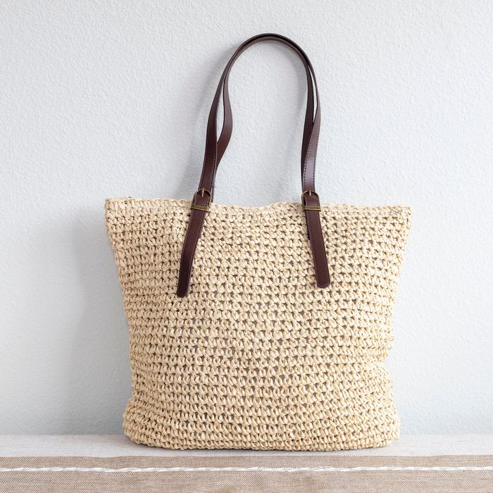 Tall Woven Straw Shoulder Tote with Dark Handles
