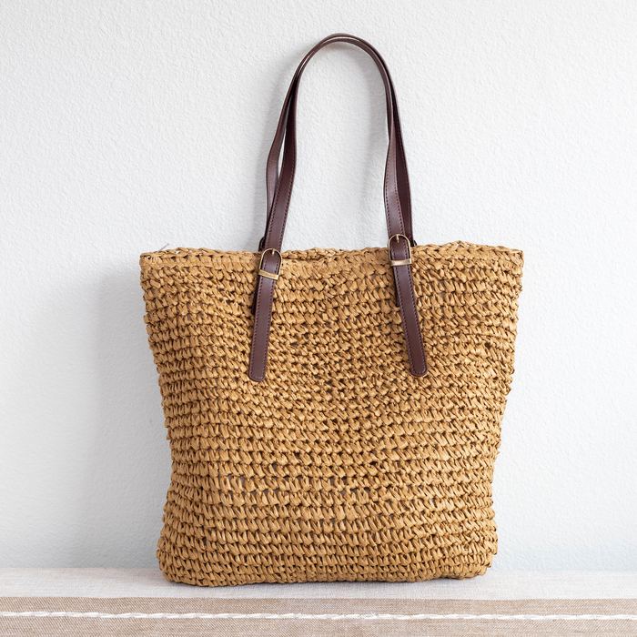 Tall Woven Straw Shoulder Tote with Dark Handles