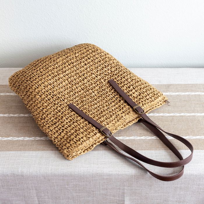 Tall Woven Straw Shoulder Tote with Dark Handles
