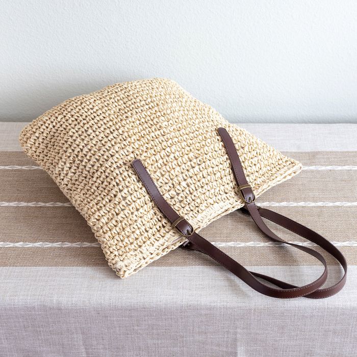 Tall Woven Straw Shoulder Tote with Dark Handles