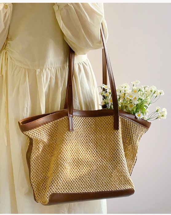 Openwork Straw Shoulder Tote with Contrast Trim