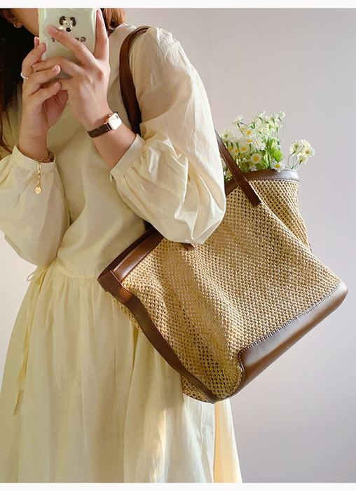 Openwork Straw Shoulder Tote with Contrast Trim