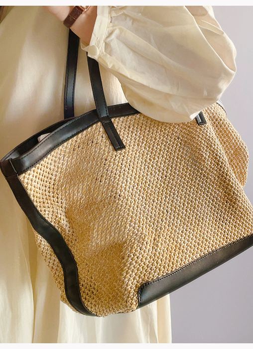 Openwork Straw Shoulder Tote with Contrast Trim
