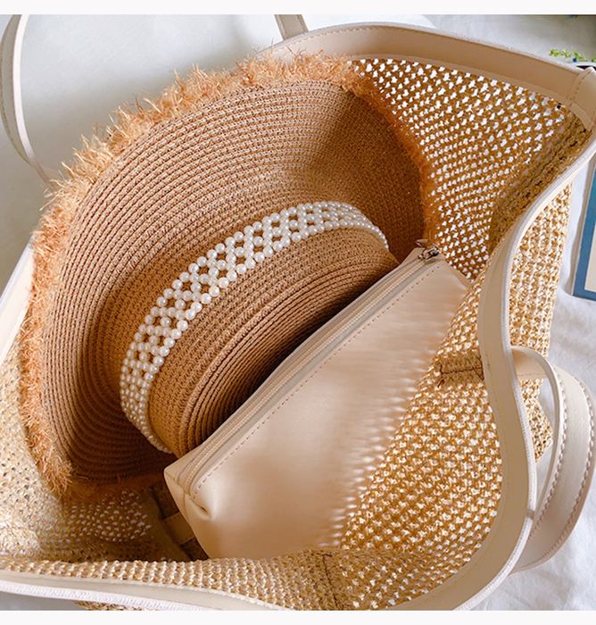 Openwork Straw Shoulder Tote with Contrast Trim
