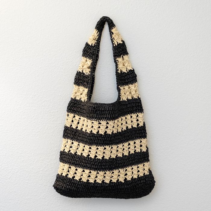 Black and Beige Striped Crochet Straw Shoulder Tote