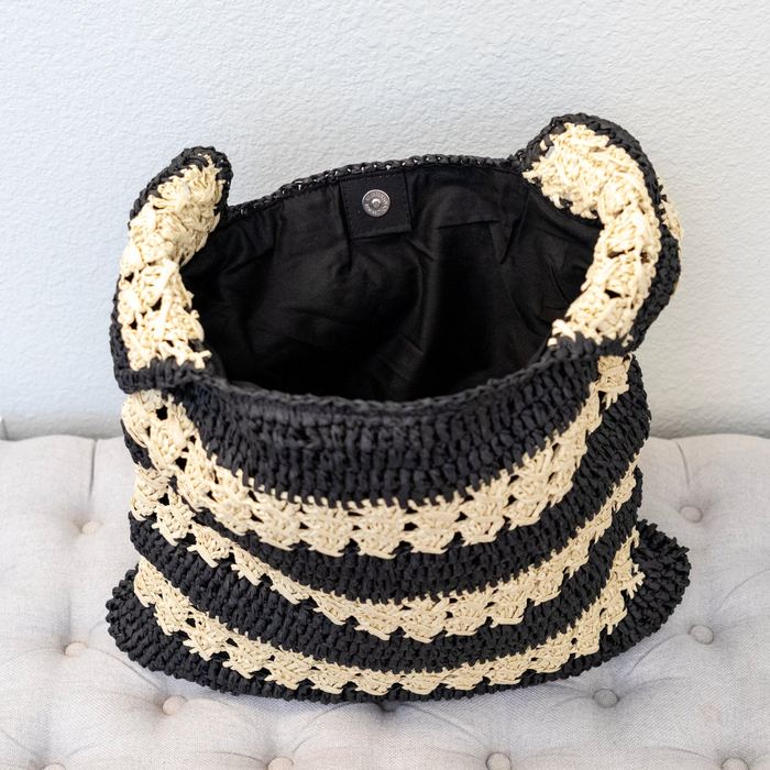Black and Beige Striped Crochet Straw Shoulder Tote