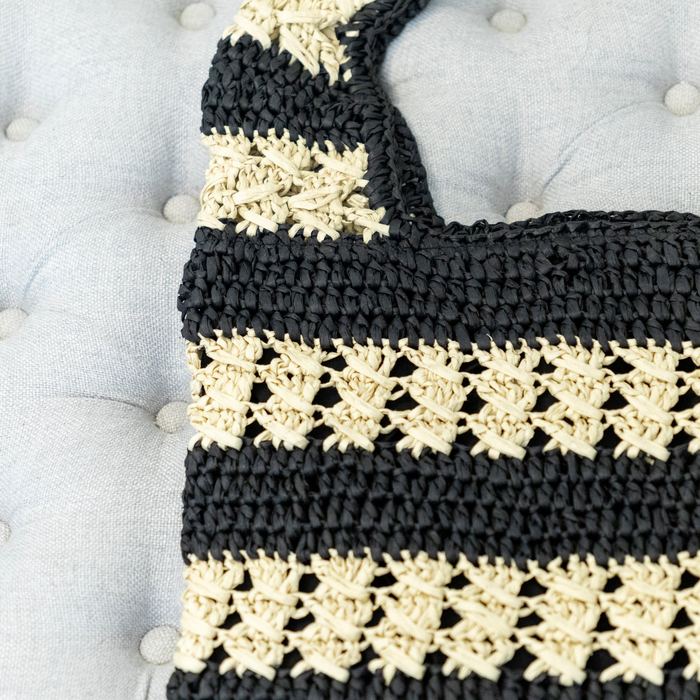 Black and Beige Striped Crochet Straw Shoulder Tote
