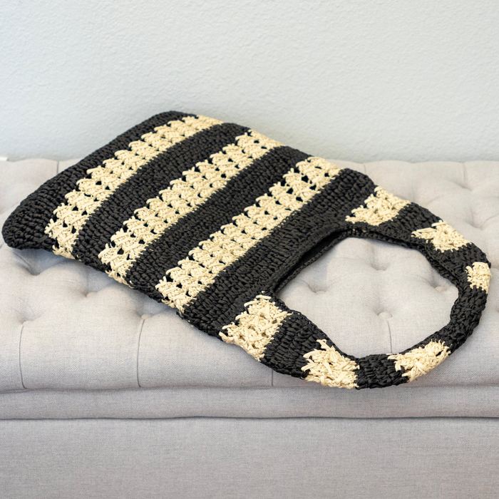 Black and Beige Striped Crochet Straw Shoulder Tote