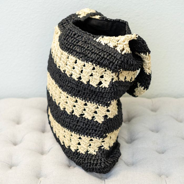 Black and Beige Striped Crochet Straw Shoulder Tote