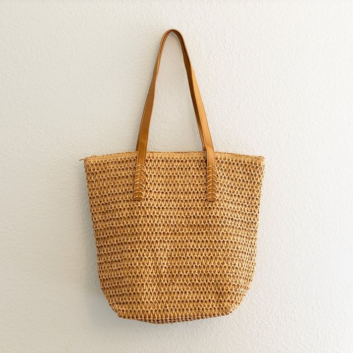 Tapered Straw Shoulder Tote with Brown Handles and Zipper