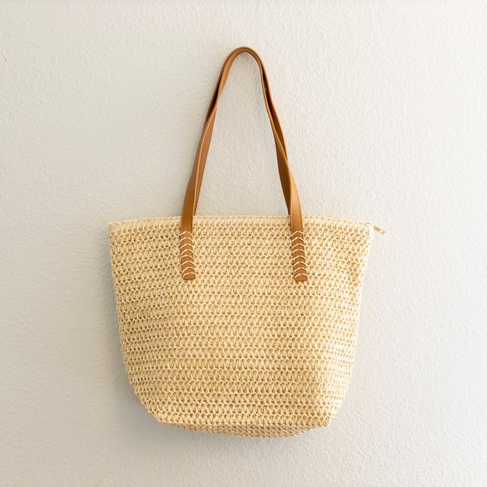 Tapered Straw Shoulder Tote with Brown Handles and Zipper