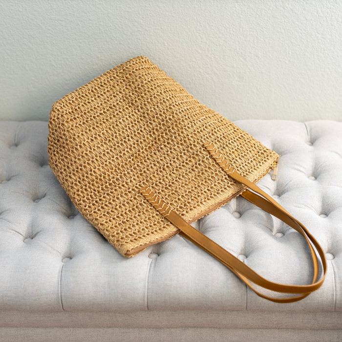 Tapered Straw Shoulder Tote with Brown Handles and Zipper